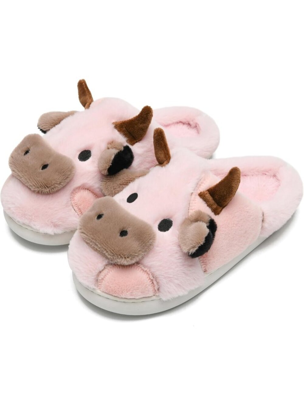 Women's Pink Fluffy Cute Cozy Cartoon Fuzzy Cow Polyester Indoor Slippers
